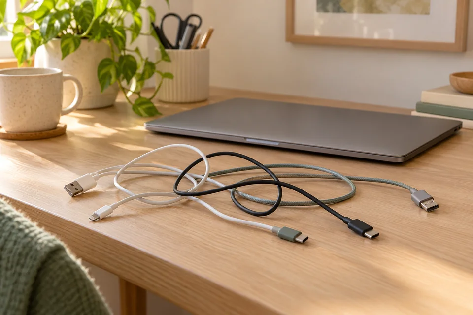Lose, sich überkreuzende Ladekabel auf einem Schreibtisch