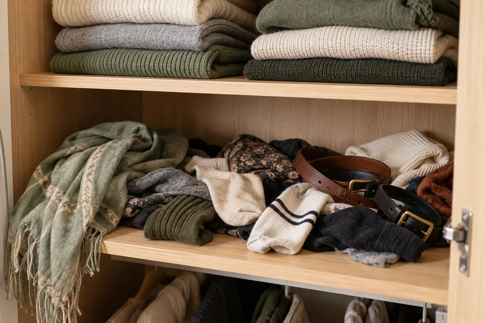 Ungeordnete Socken, Schals und Gürtel auf einem Schrankboden